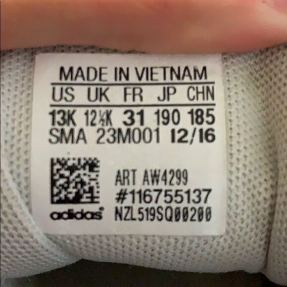 TWO pairs of ADIDAS white sneakers, sizes 13 and 1. - Picture 5 of 6